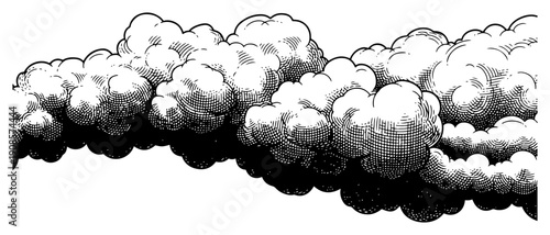 Vintage style hand drawn cumulus clouds with engraving and hatching shading