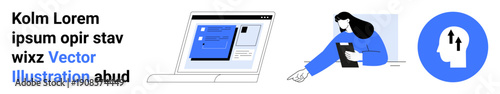 Teamwork, productivity, online collaboration, digital workflow, innovation, brainstorming. A woman interacts with documents on a laptop and an illustrated idea icon. Collaboration and productivity