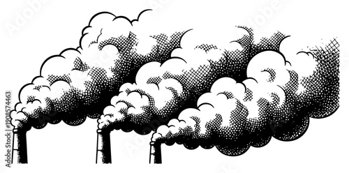 Hand drawn vintage engraving of industrial chimneys with billowing thick smoke clouds