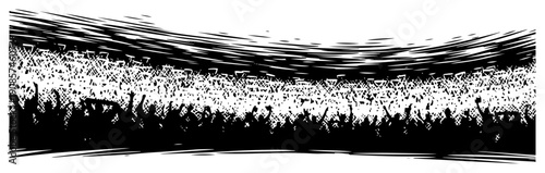 Dynamic panoramic silhouette of a stadium crowd in a vintage hand drawn engraving style