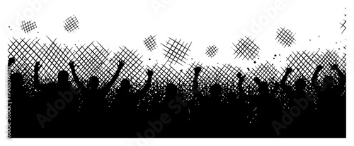High contrast silhouette of a cheering crowd with artistic hatched background patterns