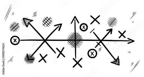 Hand drawn sports strategy diagram with arrows and symbols on white background