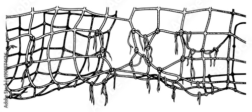 Hand drawn illustration of a damaged and torn net with holes and frayed ropes
