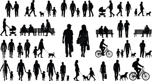 People and family silhouettes collection showing walking parents children babies pets and cyclists in urban park scenes isolated on white background vector illustration