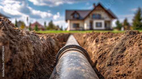 Residential water or sewage pipe installation in fresh dug trench leading to a modern suburban house under construction on a bright sunny day with blue sky and cloud