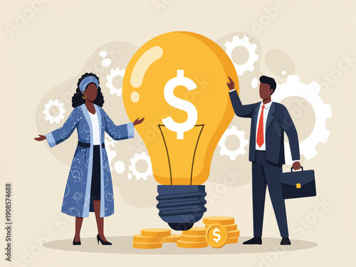 Business people standing next to a large light bulb with a dollar sign and coins on the floor with gears in the background  business idea and financial concept