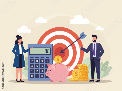 Business people standing next to calculator piggy bank coins target with arrow financial planning and goal setting for investment and saving money