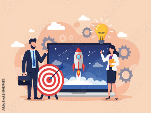 Business people standing next to large smartphone with rocket launching from screen and target board with briefcase and notebook in hand on beige background with clouds and gears