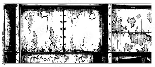 Detailed hand drawn industrial background with metal panels and rivets in grunge comic style