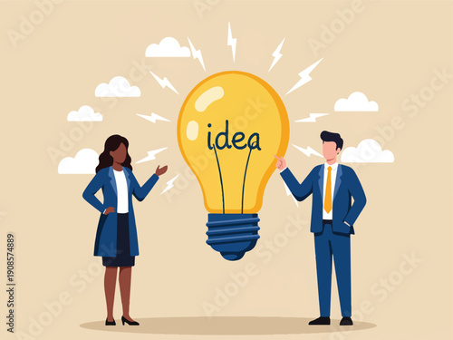 Wallpaper Mural Business people standing next to huge lightbulb with idea written on it surrounded by clouds and lightning bolts Torontodigital.ca