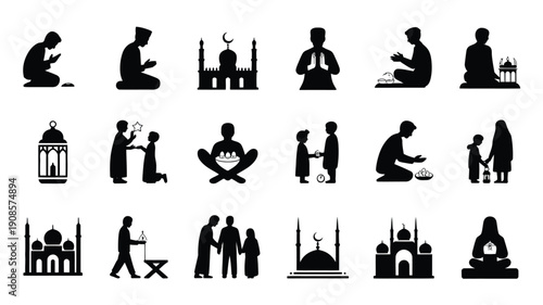 Ramadan human silhouette icons set with people praying reciting Quran greeting and Islamic activities vector illustration