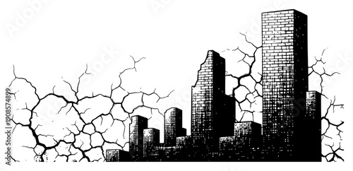 Stylized urban cityscape with brick buildings and cracked ground in a hand drawn engraving style