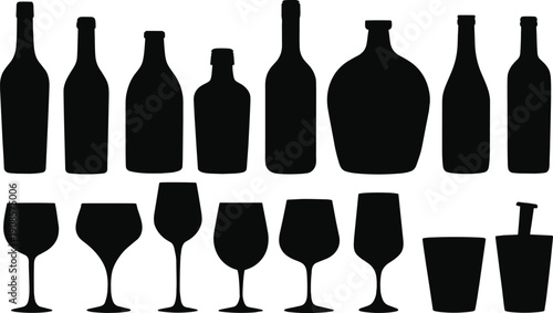 Black silhouette set of wine bottles, beer bottles and drinking glasses isolated on white background, alcohol beverage collection for bar, restaurant menu and packaging design.