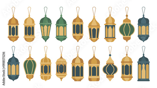 Ramadan lantern colored cliparts set with Islamic fanous lights crescent moon and festive Ramadan Kareem decoration elements vector illustration