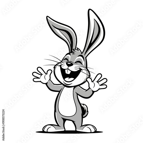 A cheerful cartoon rabbit with big ears, standing upright and laughing joyfully, in a black and white illustration style.