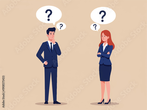 Businessman and businesswoman with question marks thinking confused  uncertainty concept