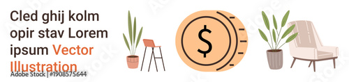 Interior design, financial planning, home decor, modern furniture, investment concept, minimalist lifestyle. Features a dollar coin, chair potted plants and a comfortable armchair. Interior design