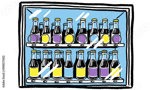 Cartoon illustration of bottles in a refrigerated cooler. Retro, vintage, or pop art style drawing of soda, beer, or alcoholic beverages in a store fr