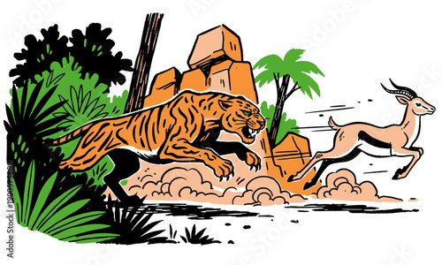 Tiger chasing gazelle or antelope in a jungle landscape. Retro comic book style illustration of predator and prey in the wild.