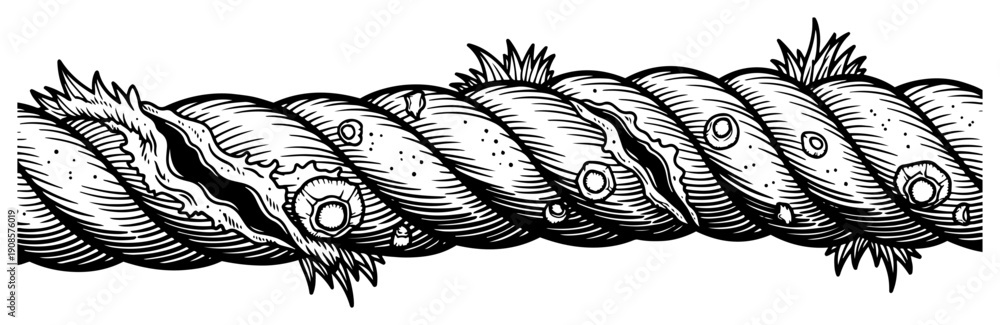 Fototapeta premium Hand drawn illustration of a thick weathered rope with barnacles and seaweed texture