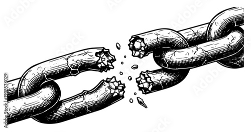 Broken metal chain snapping apart in a detailed ink engraving style