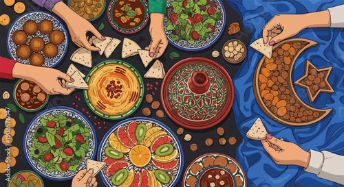 Flat lay of diverse hands sharing food plates with Ramadan Kareem decorations on a blue patterned tablecloth