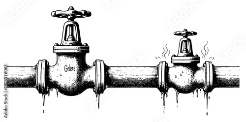 Industrial pipes with leaking valves in a vintage hand drawn ink sketch style
