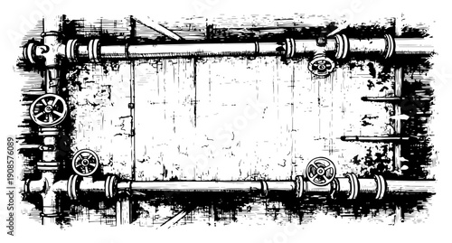 Industrial pipe system with valves forming a grungy decorative border frame