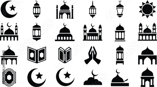 Ramadan Icons Set with Mosque, Crescent Moon, Star and Lantern, Prayer Hands, Quran