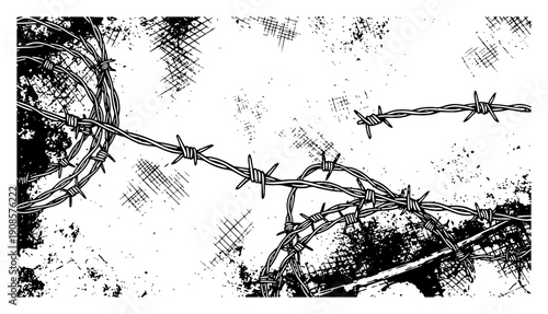 Industrial barbed wire background with distressed ink textures and hatching