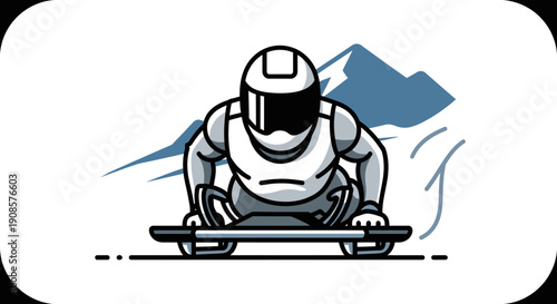 Skeleton bobsledder racing down track with mountains in background, winter sport illustration
