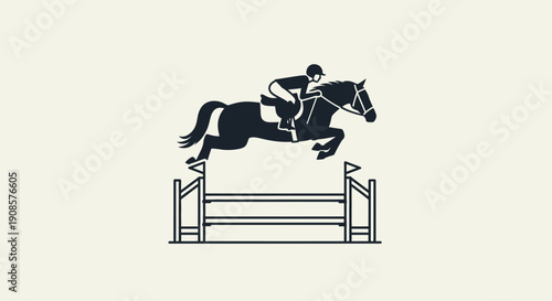 Equestrian and horse jumping over obstacle on isolated white background, horse riding illustration