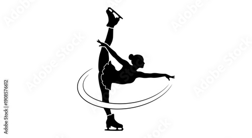 Female figure skater performing elegant spin on ice on isolated white background, artistic silhouette illustration