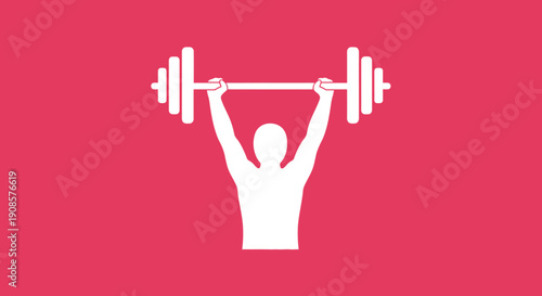 Weightlifter lifting barbell overhead in bright studio with red background, strong silhouette illustration