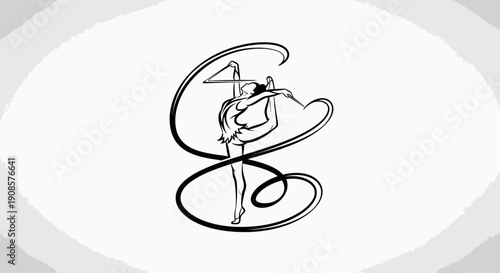 Female rhythmic gymnast performing with ribbon on isolated white background, graceful illustration