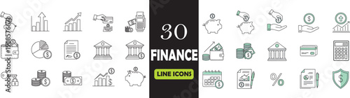 Art &30 Finance and Banking Line Icons Set Business, Savings, and Investment Vector Illustrations
