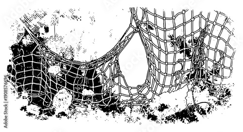 Torn military camouflage net on a grungy distressed background with ink splatters