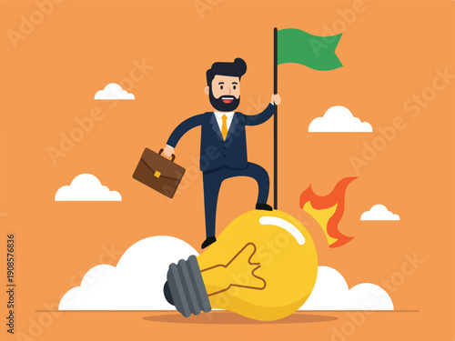 Cartoon businessman standing on lightbulb with flag and briefcase in cloudy sky