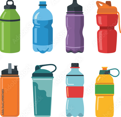 Colorful sport water bottles set illustration isolated on white background, reusable plastic drink containers for gym fitness training, hiking, cycling, hydration and healthy lifestyle.