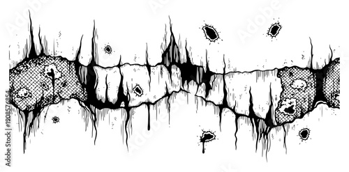 Torn metal surface with jagged edges and bullet holes in grungy hand drawn style