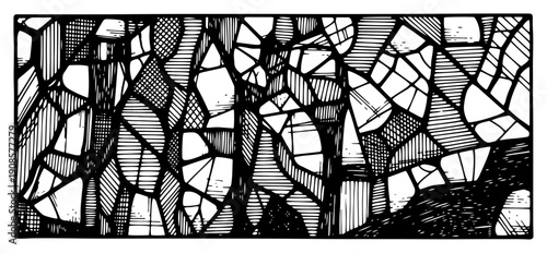 Abstract geometric mosaic pattern with hand drawn hatching and ink texture