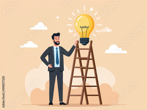 Cartoon man in suit standing on ground next to ladder with big lightbulb above  business idea concept