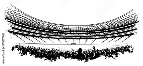 Hand drawn sketch of a massive stadium arena with a large crowd of cheering fans