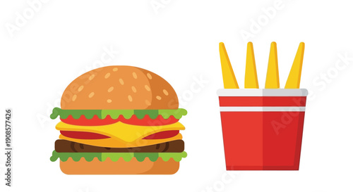 A colorful illustration depicting a cheeseburger and french fries in containers
