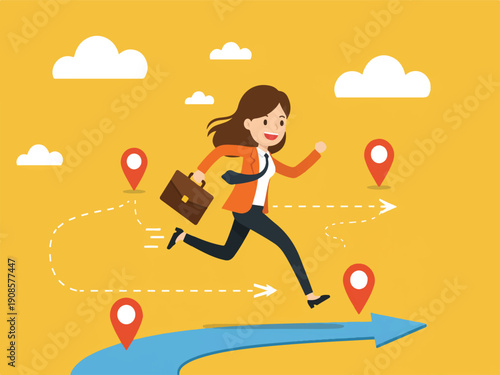 Cartoon woman in business attire running on blue path with location markers  navigating through challenges with determination and purpose