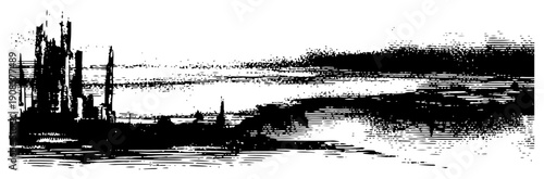 Futuristic dystopian city skyline in a vintage hand drawn ink sketch style