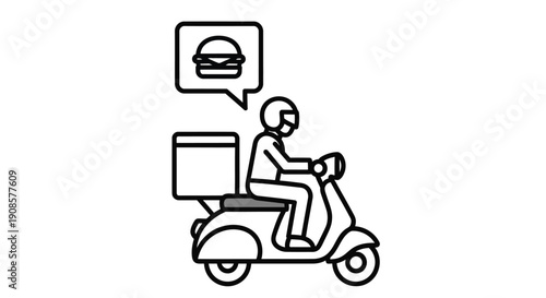 Delivery scooter with speech bubble showing a burger line art illustration