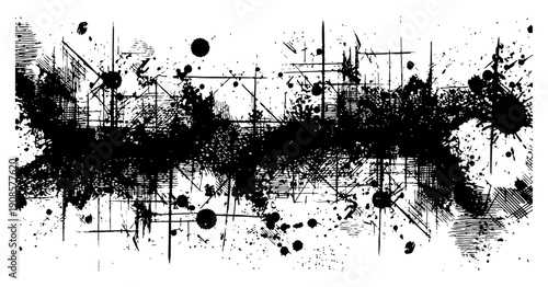 Abstract urban grunge background with ink splatters and geometric architectural lines