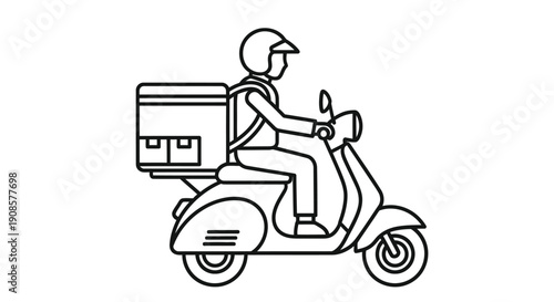 Delivery rider on a scooter depicted in a simple black and white line drawing