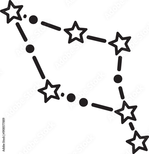 Black outline constellation of stars and dots connected by lines on white background also transparent background
